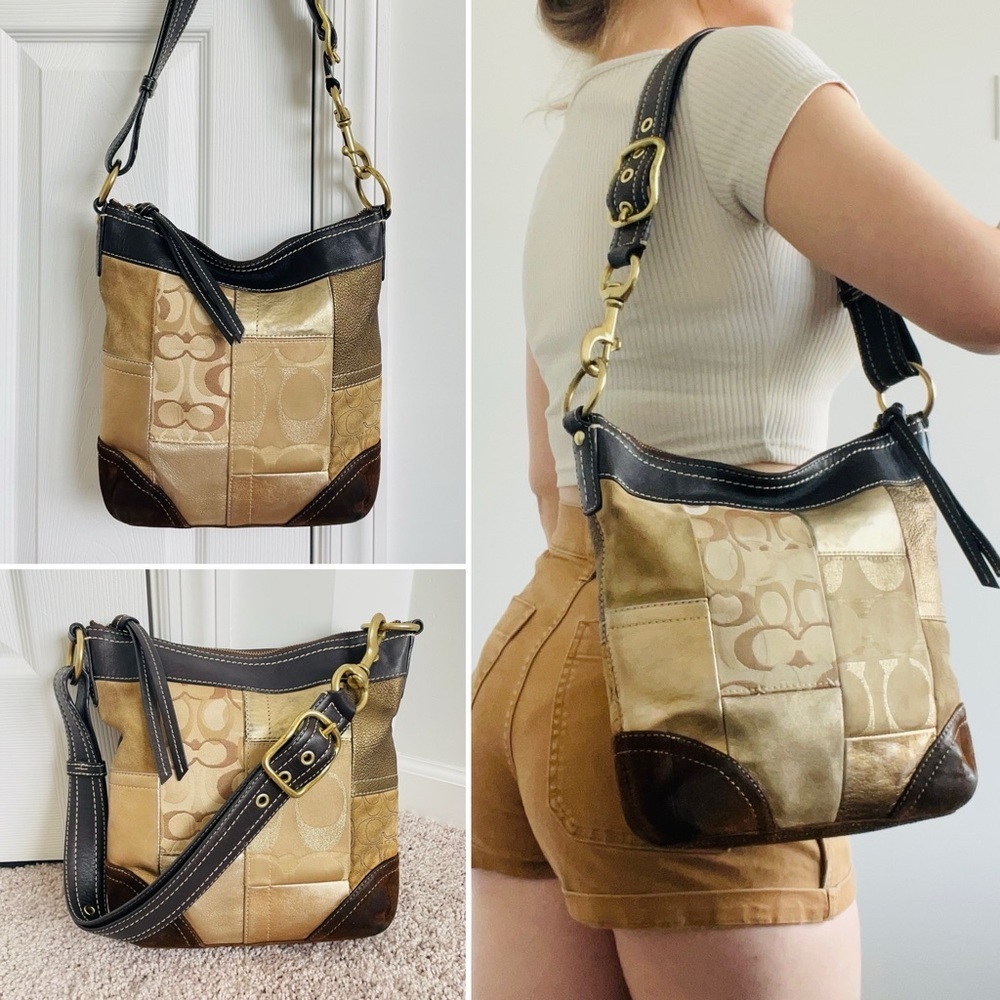 Coach Vintage Hobo Y2K Shoulder Bag Gold Brown‎ Patchwork Suede Leather Purse